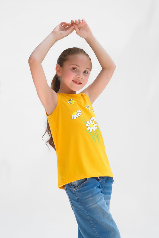 Floral Bee Printed Sandos for Girls - Yellow