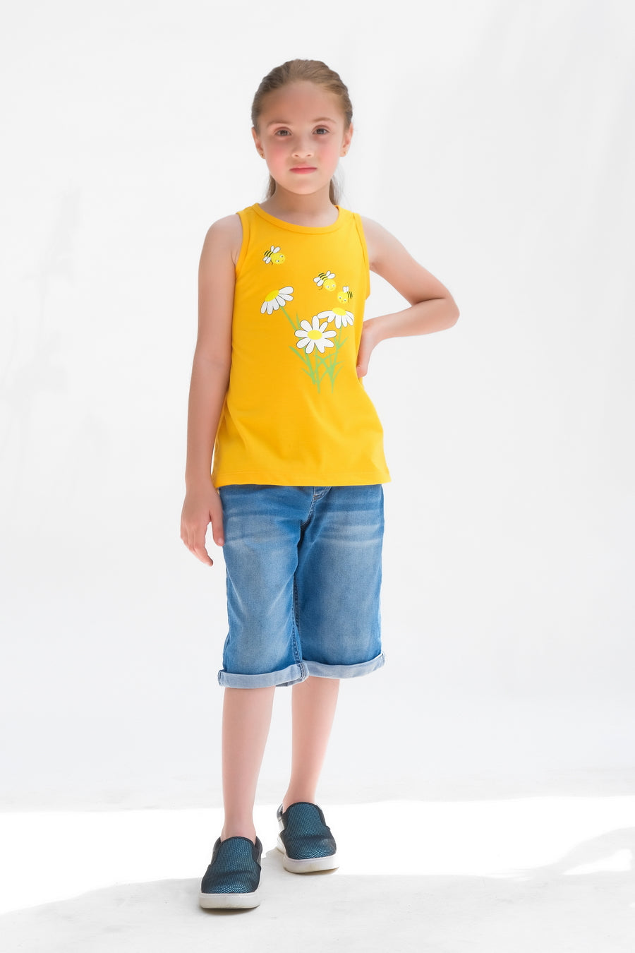 Floral Bee Printed Sandos for Girls - Yellow