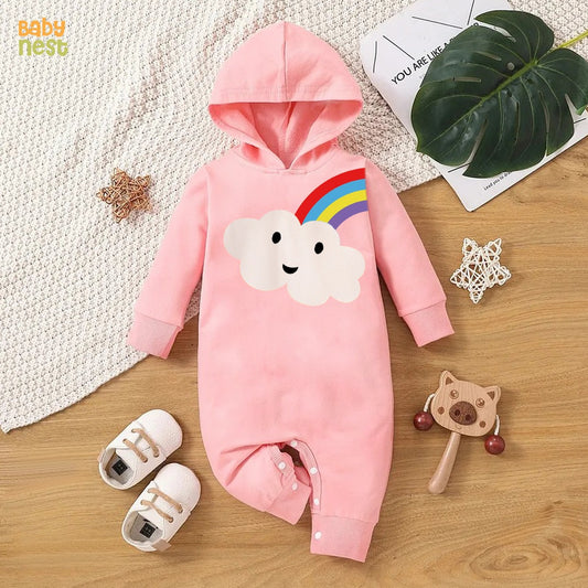 Printed Rainbow Clouds Baby Jumpsuit Full Sleeves Hooded Romper - Pink