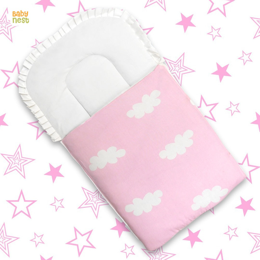 Babynest Boutique Cotton Carry Nest & Sleeping Bag Pink Clouds Print