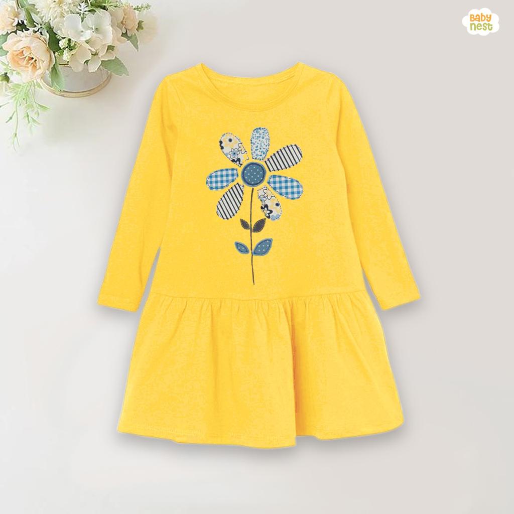 Full Sleeves Baby Printed Frocks - Multi Flower - BNBPF-60-D4 - Yellow