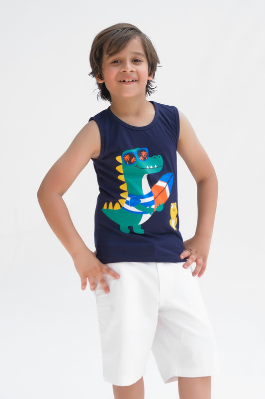 Crocodile Going for Sup Printed Sandos for Boys - Navy