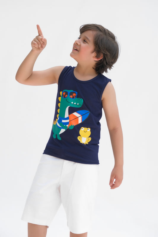 Crocodile Going for Sup Printed Sandos for Boys - Navy