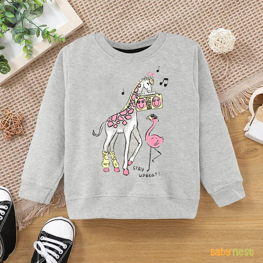 Printed Stay Upbeat Giraffe Full Sleeves Sweatshirt for Kids - Grey