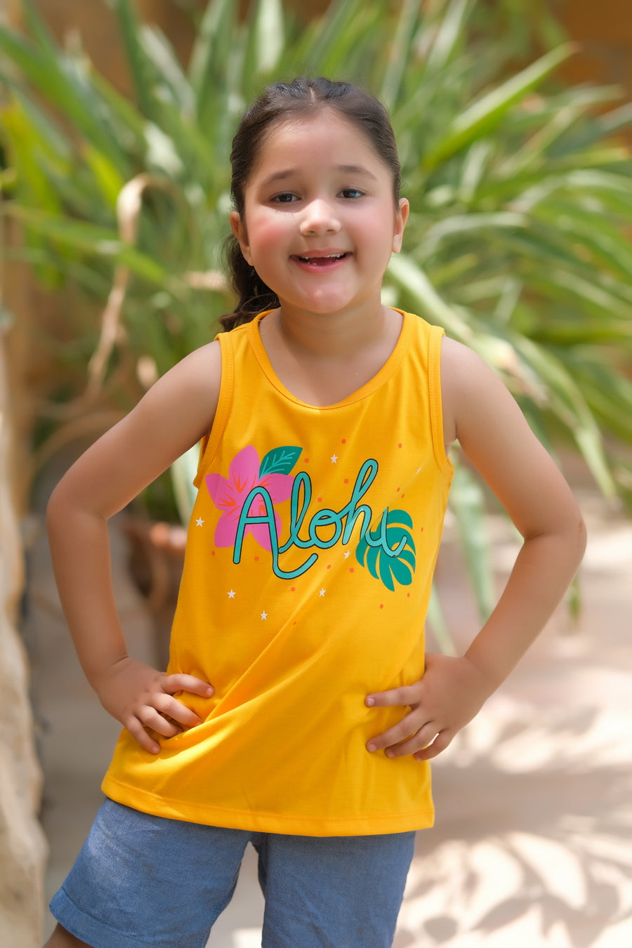 Aloha Printed Sandos for Girls - Yellow