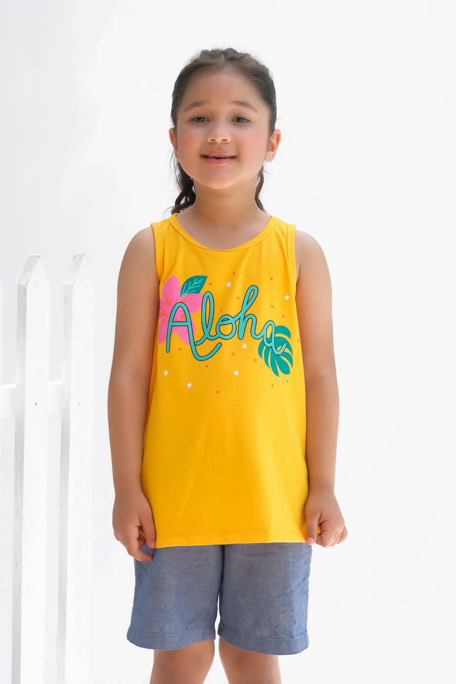 Aloha Printed Sandos for Girls - Yellow