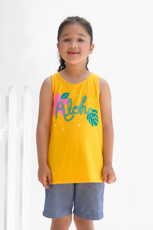 Aloha Printed Sandos for Girls - Yellow