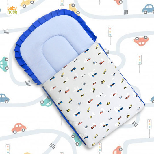 Babynest Boutique Cotton Carry Nest & Sleeping Bag Light Blue Truck Print