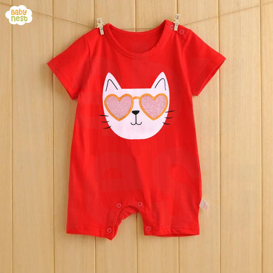 Baby Half Romper - Kitty in Glasses - Red