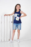 Dragon Flies in The Sky Printed Sandos for Girls - Navy