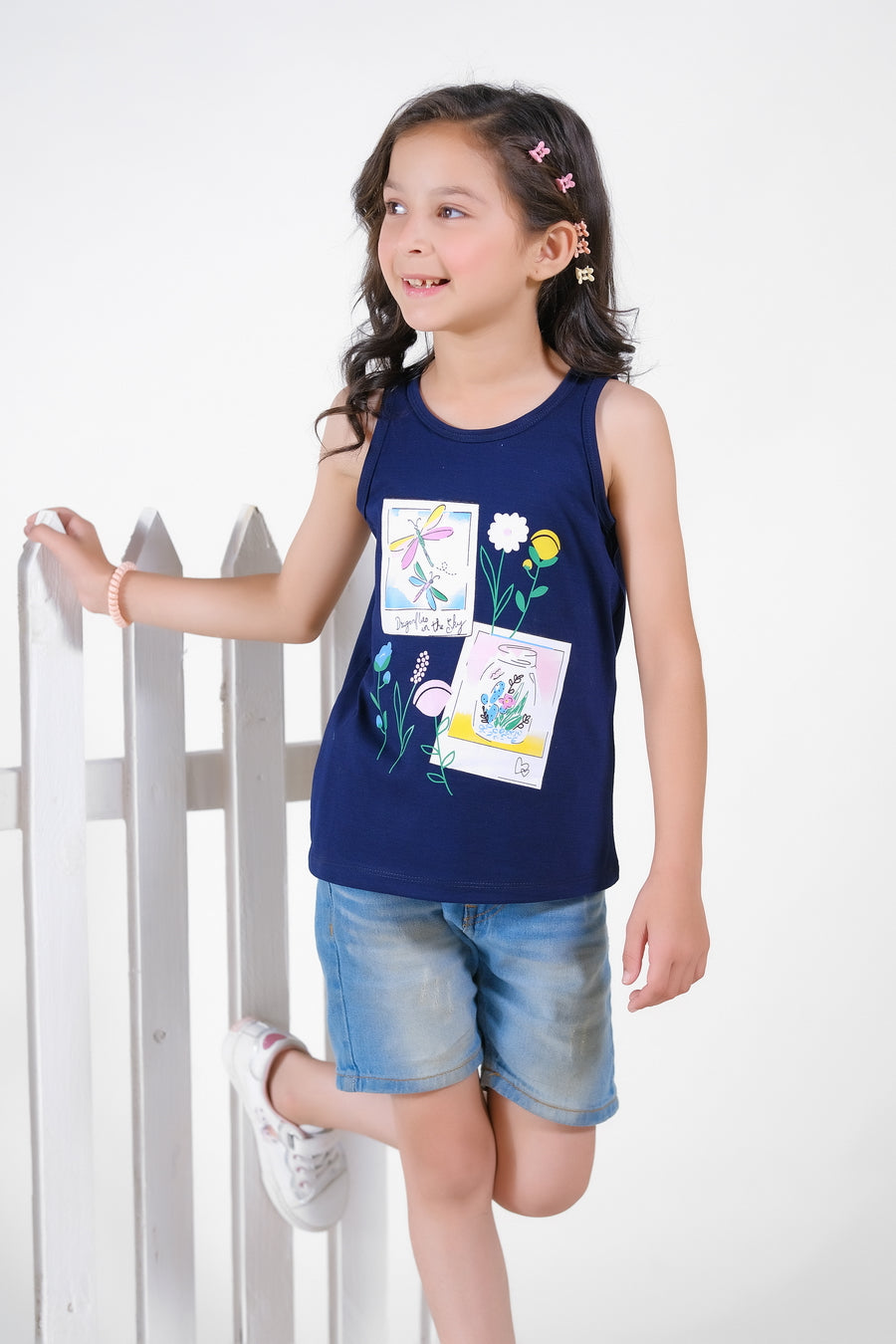 Dragon Flies in The Sky Printed Sandos for Girls - Navy