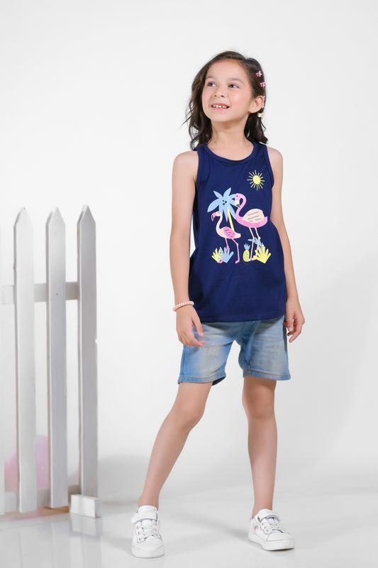 Summer Flamingos Printed Sandos for Girls - Navy