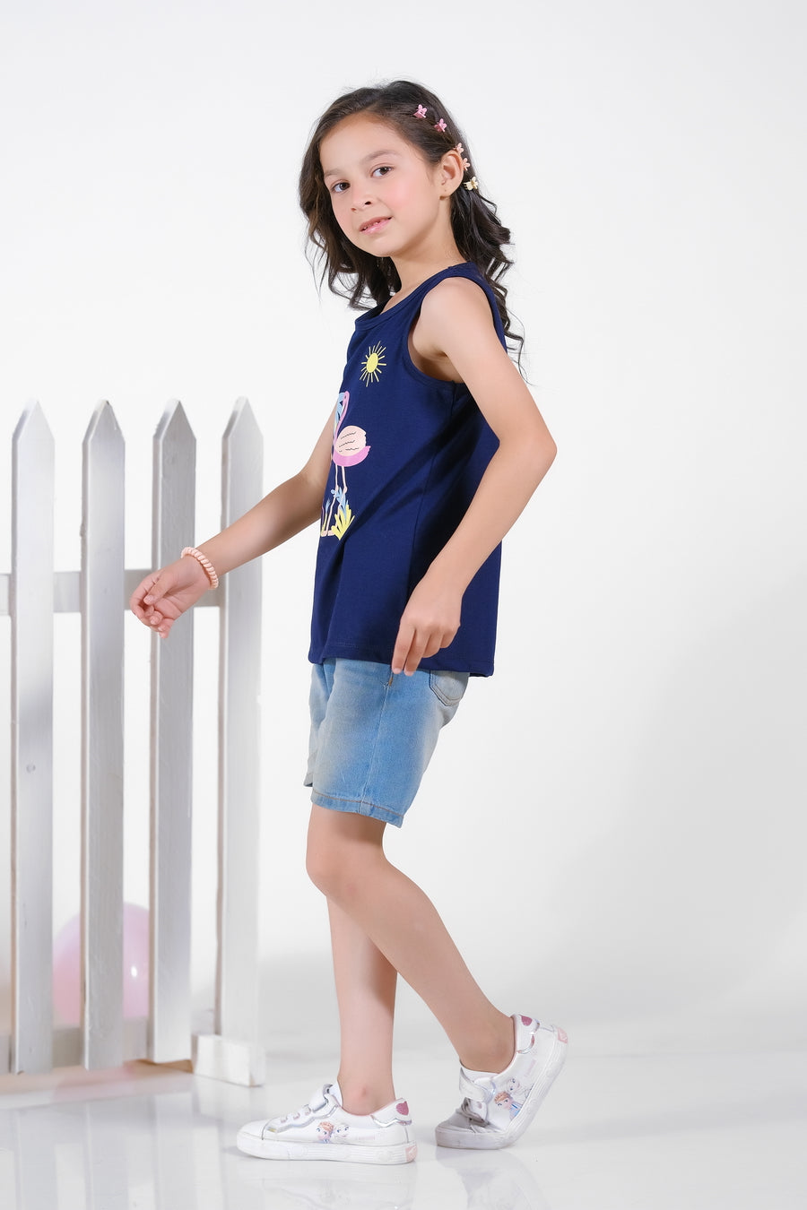 Summer Flamingos Printed Sandos for Girls - Navy