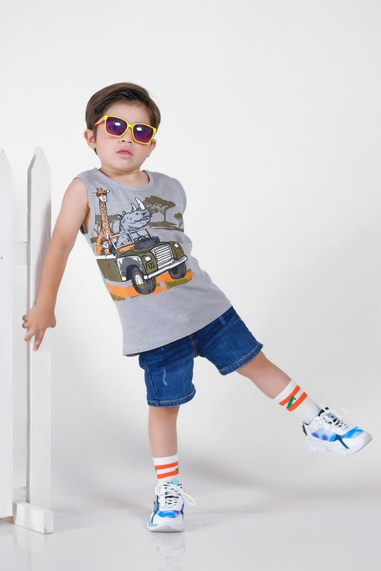 Giraffe & Rhino Ride Summer-Printed Sandos for Boys - Light Gray