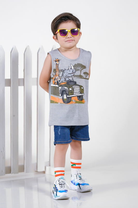 Giraffe & Rhino Ride Summer-Printed Sandos for Boys - Light Gray