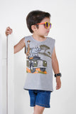 Giraffe & Rhino Ride Summer-Printed Sandos for Boys - Light Gray