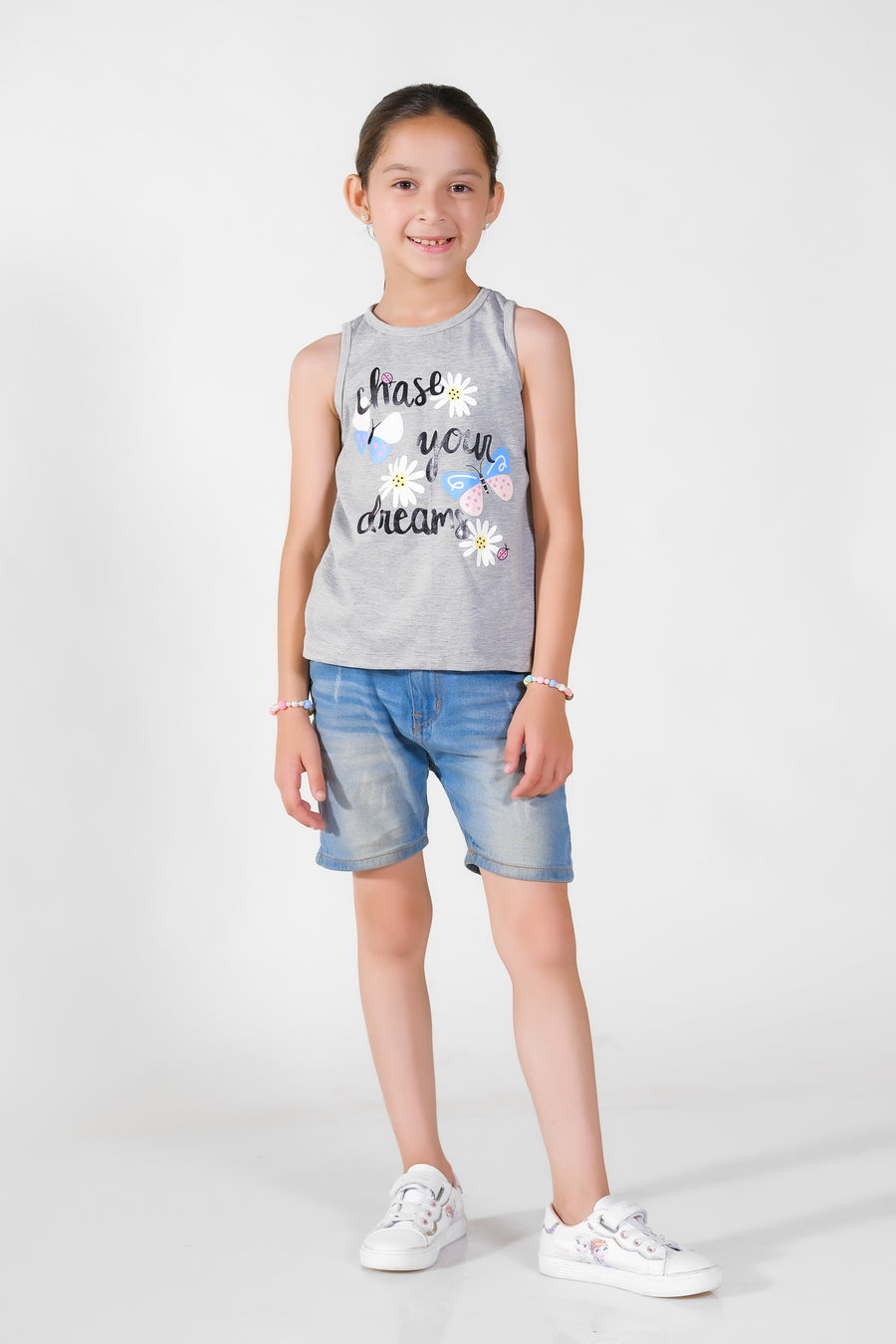 Chase Your Dream Summer-Printed Sandos for Girls - Light Gray