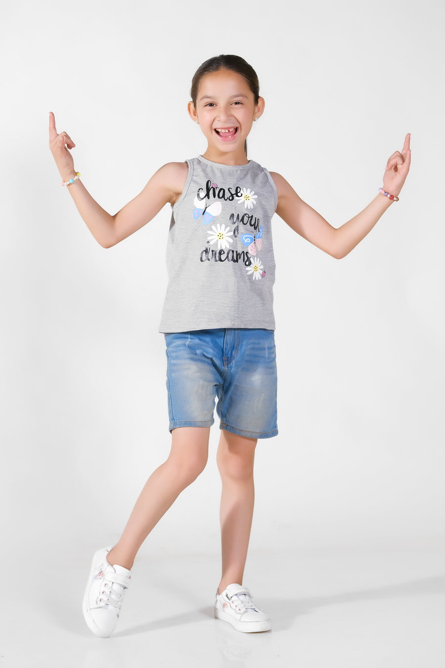 Chase Your Dream Summer-Printed Sandos for Girls - Light Gray