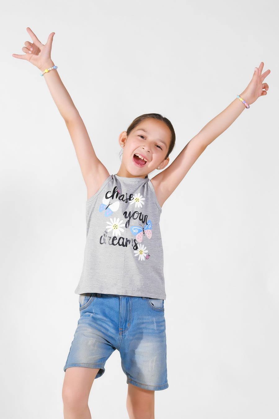 Chase Your Dream Summer-Printed Sandos for Girls - Light Gray