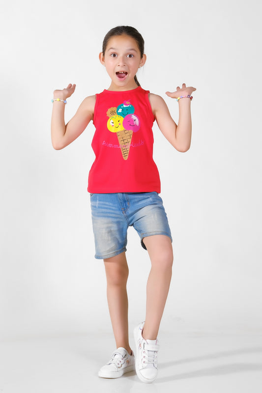 Summer Friends Printed Sandos for Girls - Red