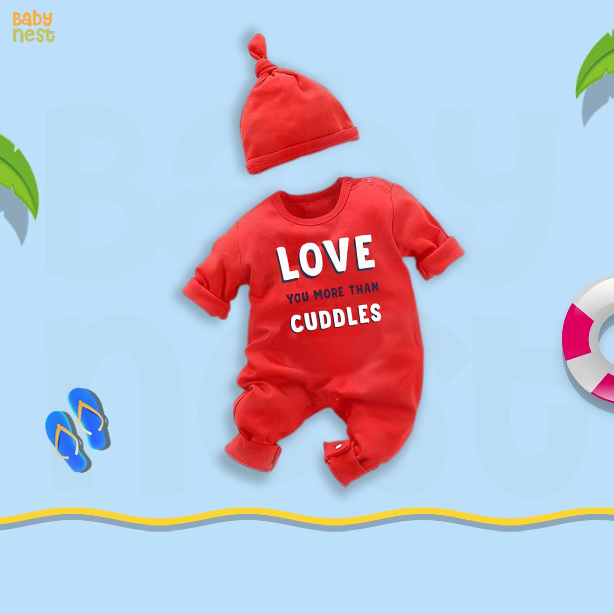 Baby Jumpsuit With Cap - Love You More Than Cuddles - Red