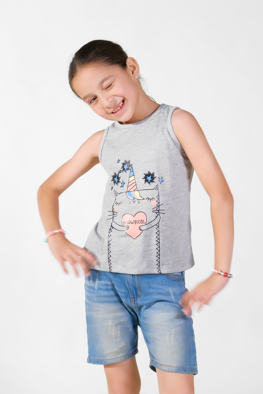 Meowgical Summer-Printed Sandos for Girls - Light Gray