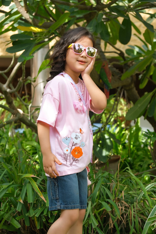 Flowers with embroidery - Half sleeves T-shirts For Kids - Pink - SBT-359