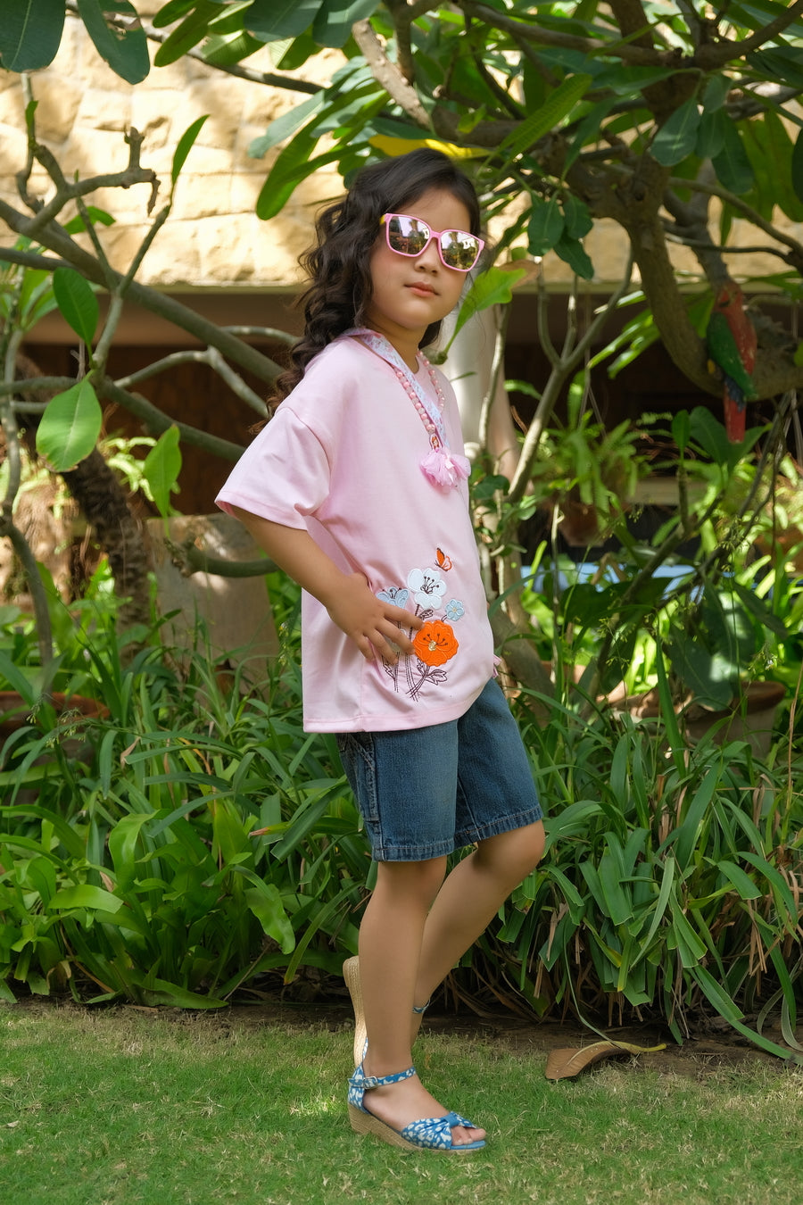 Flowers with embroidery - Half sleeves T-shirts For Kids - Pink - SBT-359