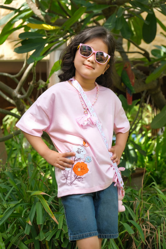 Flowers with embroidery - Half sleeves T-shirts For Kids - Pink - SBT-359