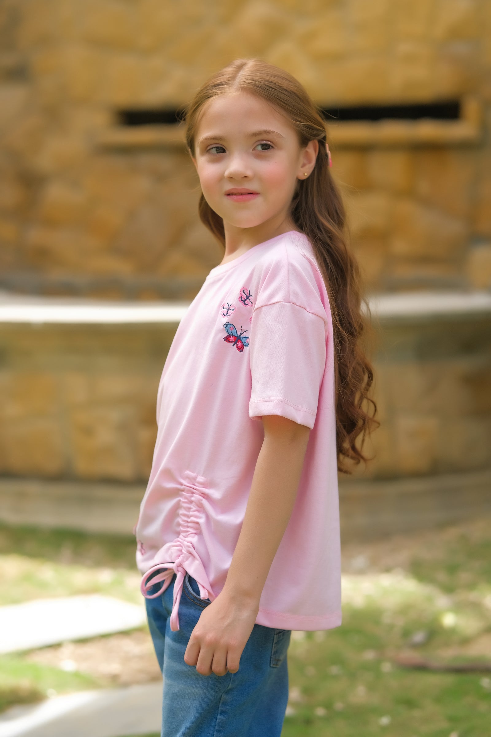 Butterfly with embroidery - Half sleeves T-shirts For Kids - Pink - SBT-362
