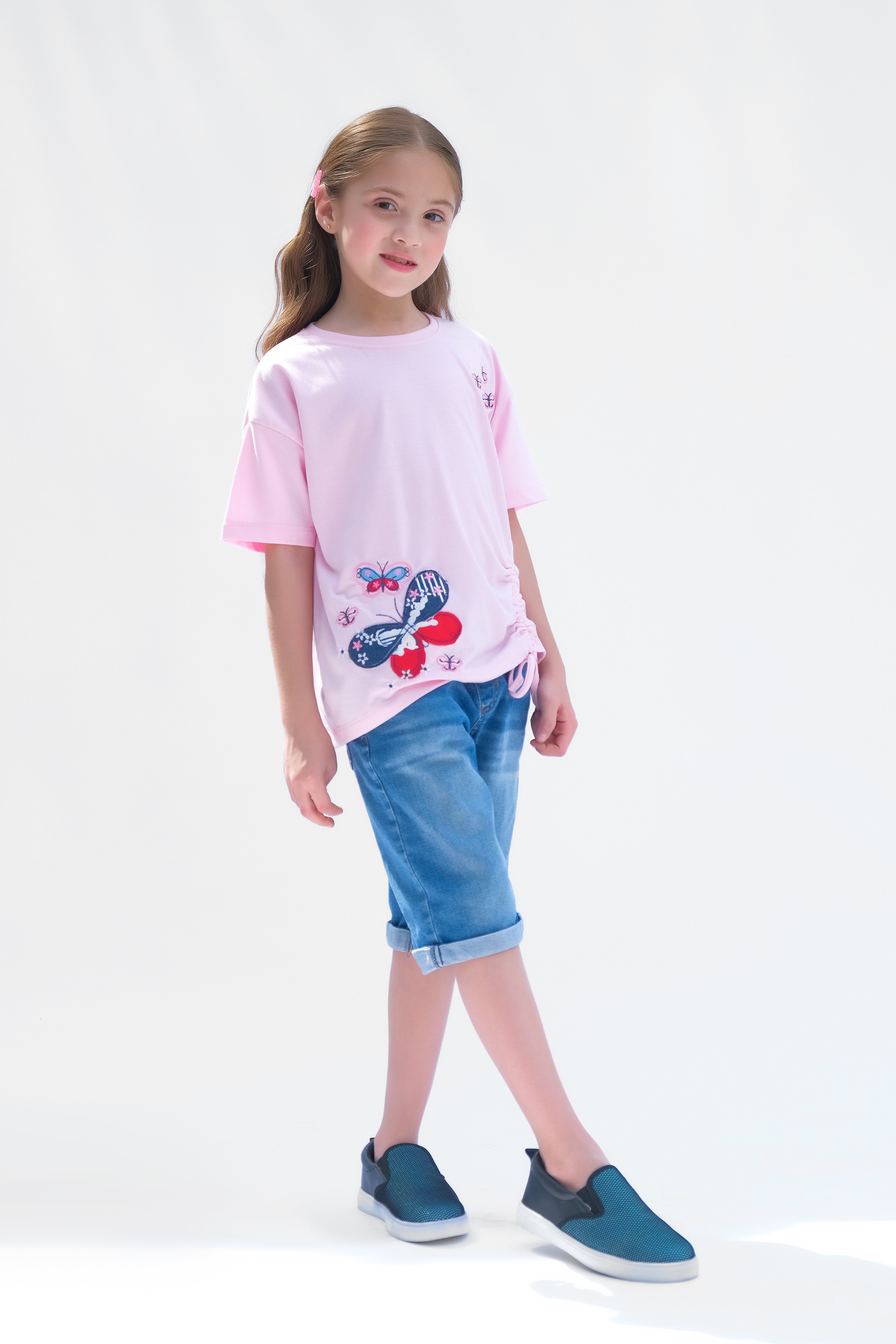 Butterfly with embroidery - Half sleeves T-shirts For Kids - Pink - SBT-362
