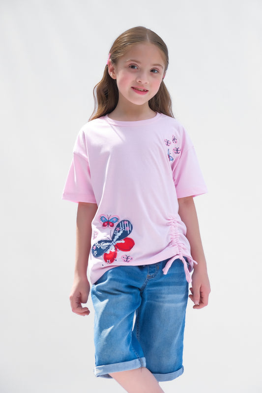 Butterfly with embroidery - Half sleeves T-shirts For Kids - Pink - SBT-362