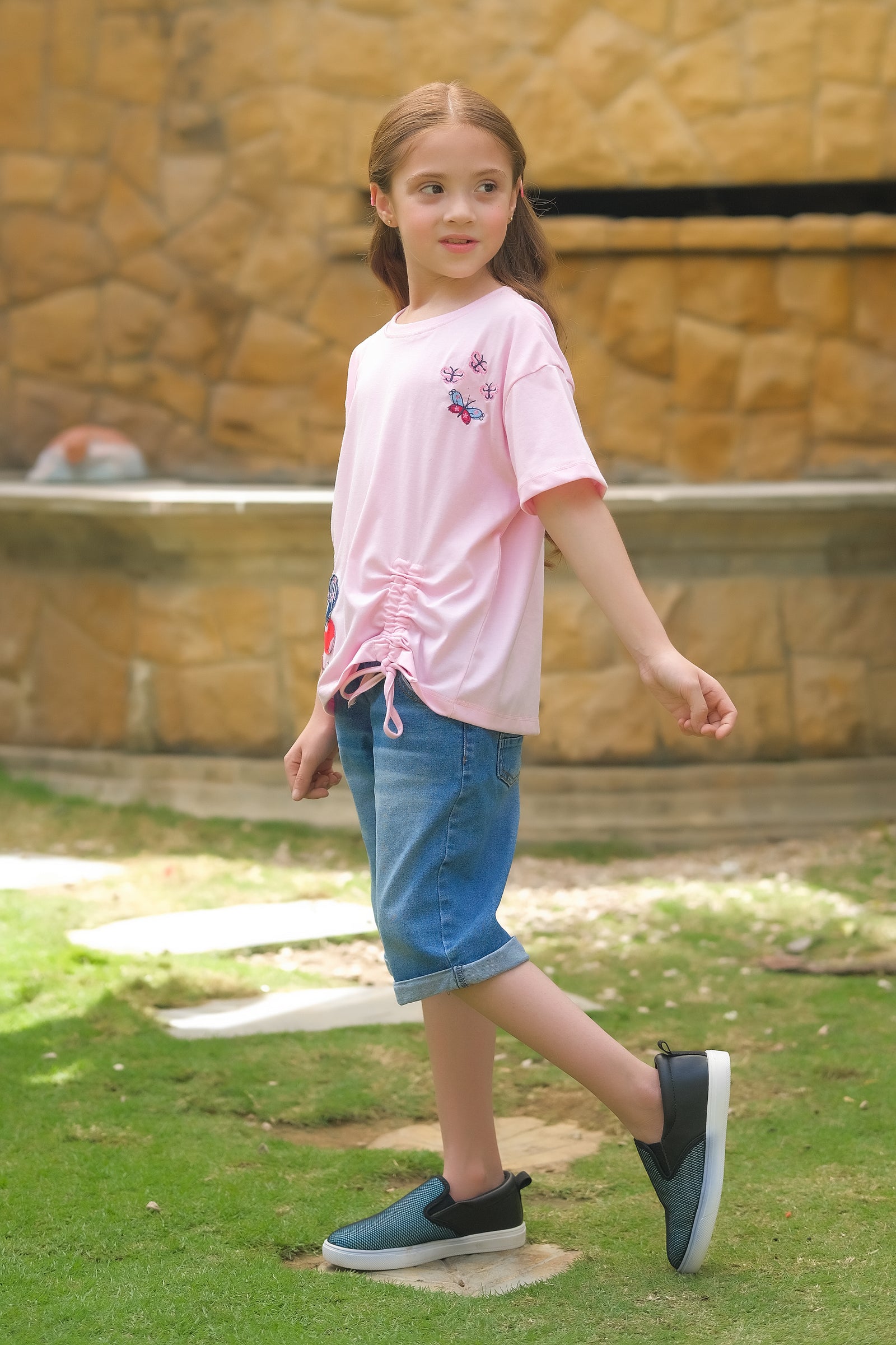Butterfly with embroidery - Half sleeves T-shirts For Kids - Pink - SBT-362
