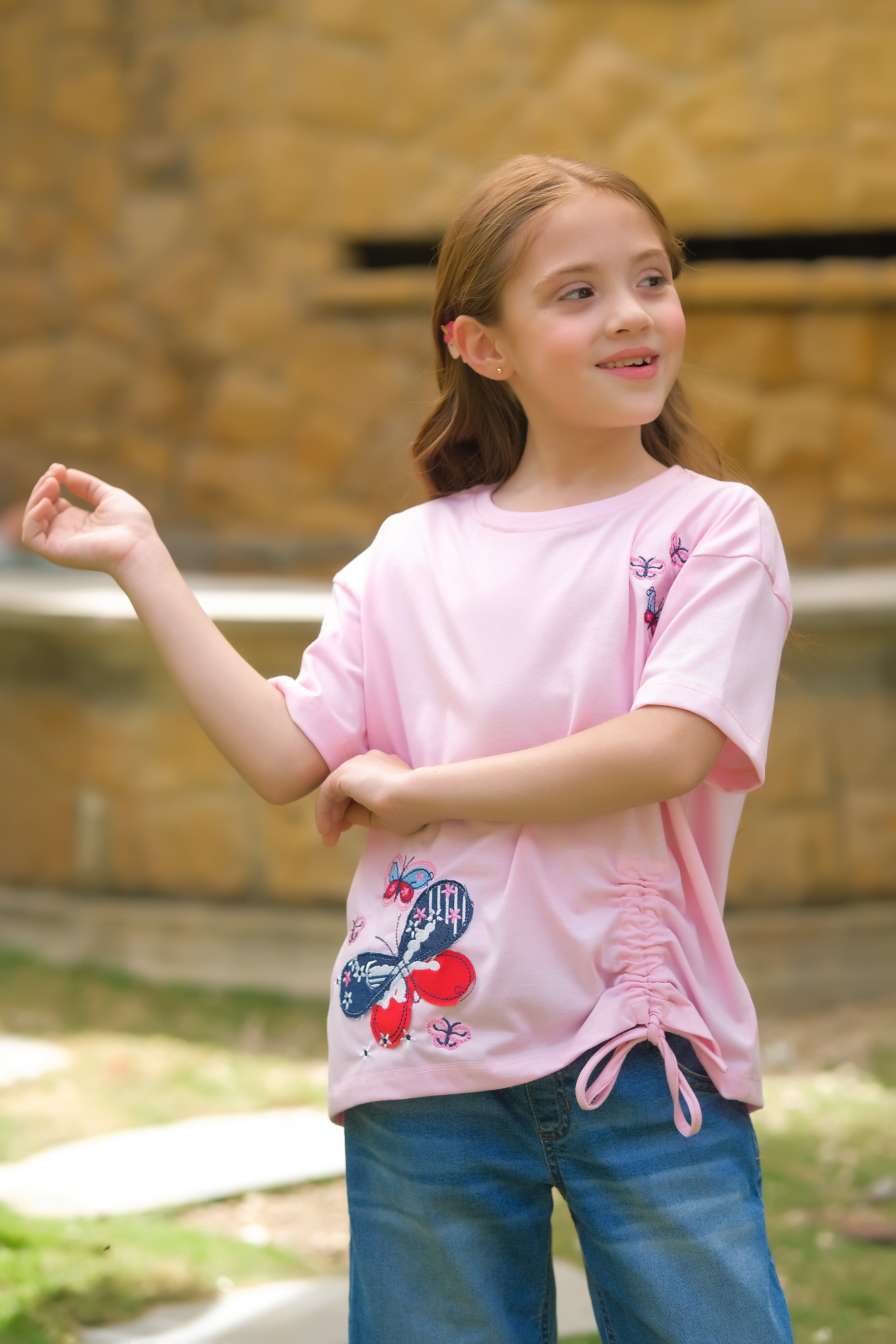 Butterfly with embroidery - Half sleeves T-shirts For Kids - Pink - SBT-362