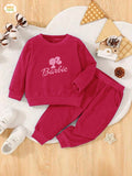 Embroidery Fleece Sweatshirt with Sweatpants - Barbie - Pink - Kids Wear 2 Pc Set