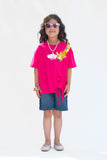 Giraffe with embroidery - Half sleeves T-shirts For Kids - Dark Pink - SBT-365