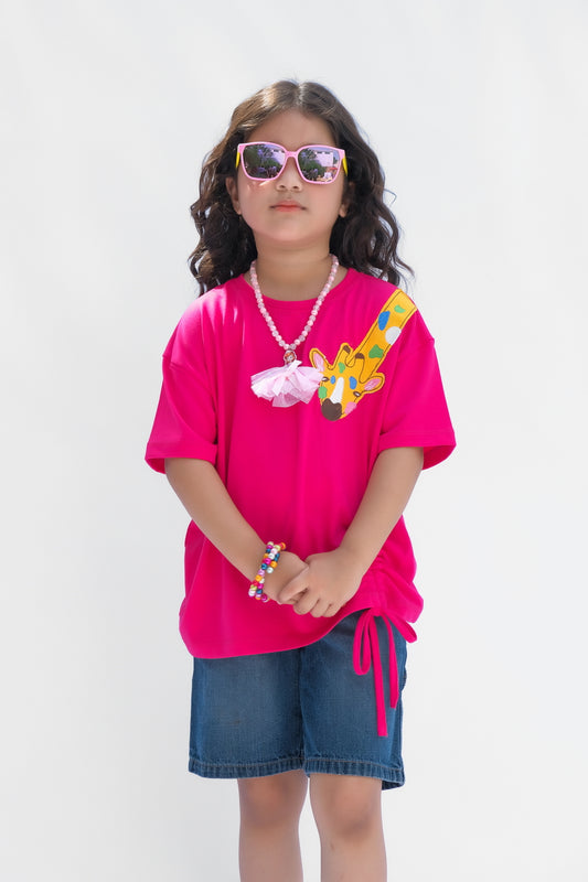 Giraffe with embroidery - Half sleeves T-shirts For Kids - Dark Pink - SBT-365