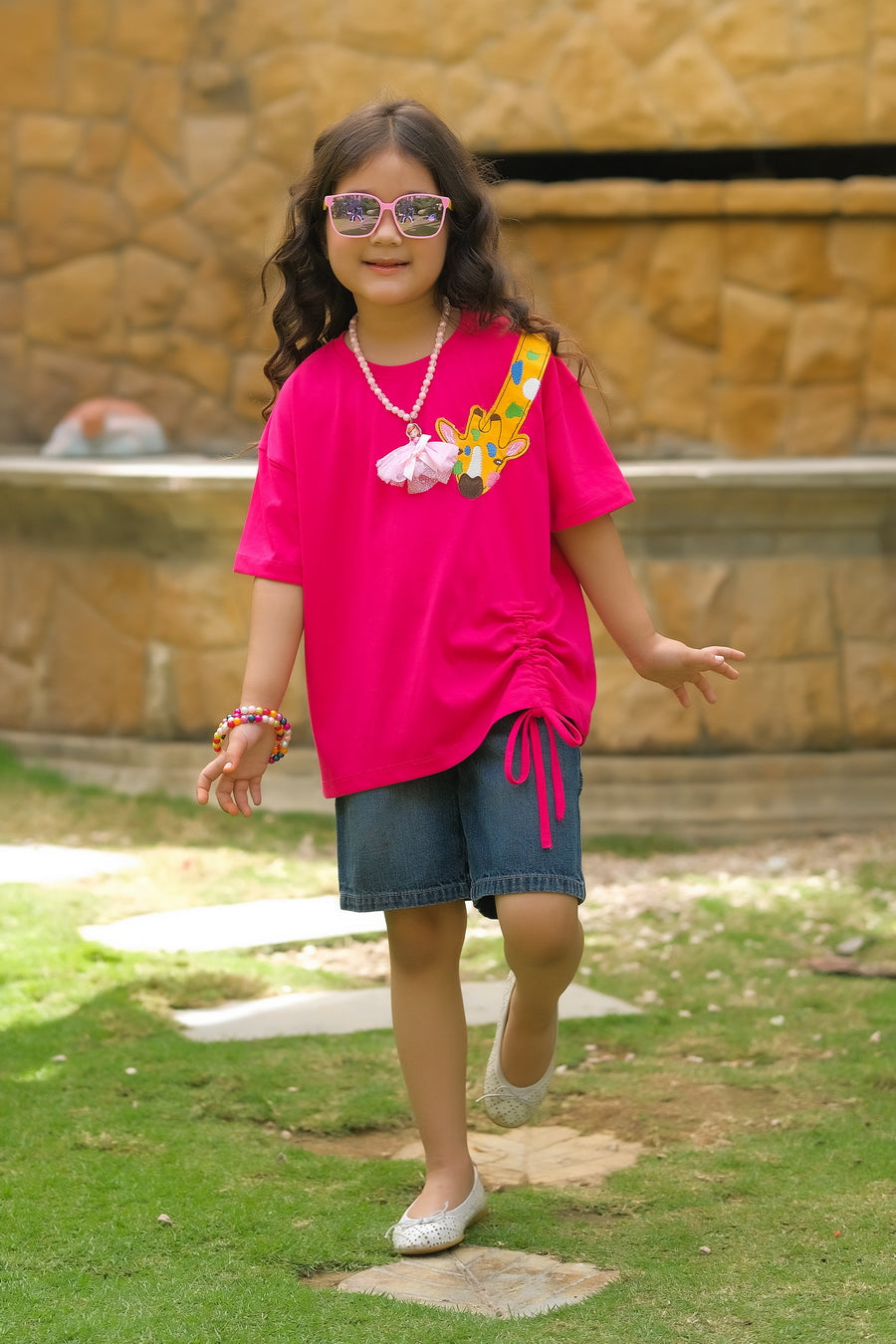 Giraffe with embroidery - Half sleeves T-shirts For Kids - Dark Pink - SBT-365