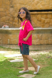Giraffe with embroidery - Half sleeves T-shirts For Kids - Dark Pink - SBT-365