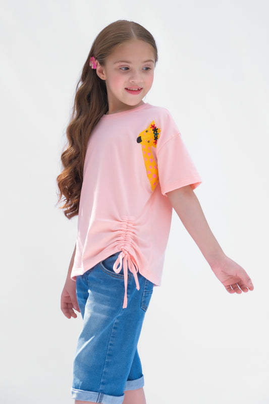 Giraffe with embroidery - Half sleeves T-shirts For Kids - Pink