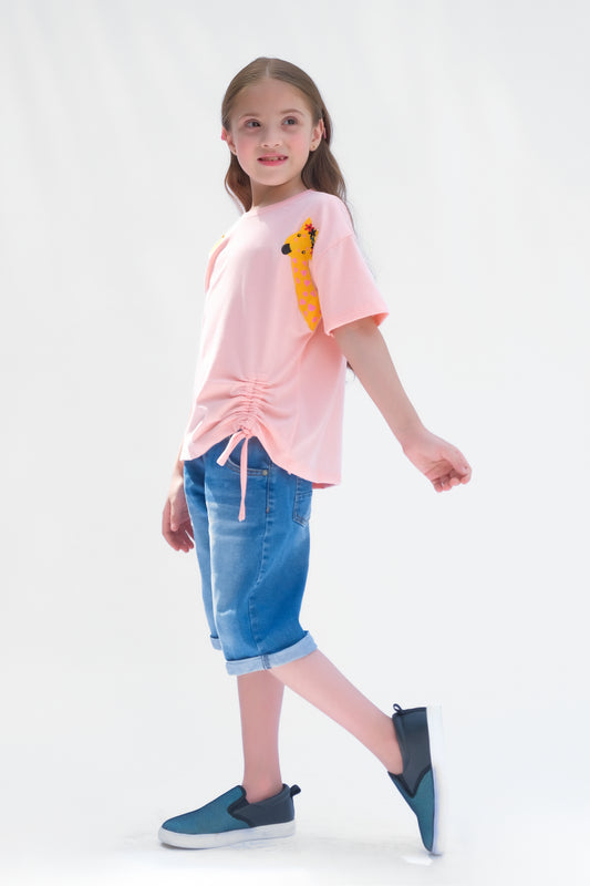 Giraffe with embroidery - Half sleeves T-shirts For Kids - Pink