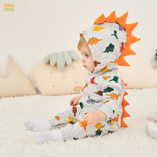 Dinosaur Doodle Hooded Romper Full Sleeves Baby Jumpsuit - Grey