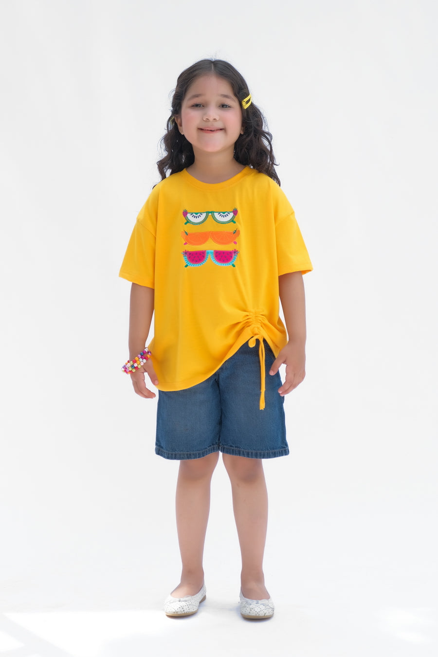 Glasses with embroidery - Half sleeves T-shirts For Kids - Yellow - SBT-364
