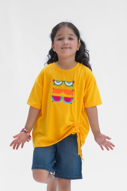 Glasses with embroidery - Half sleeves T-shirts For Kids - Yellow - SBT-364