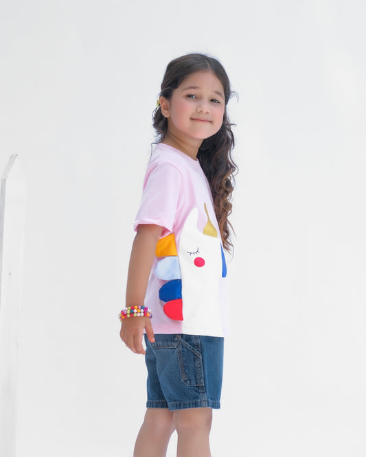 Big Unicorn Half Sleeves T-shirts for Kids - Light Pink