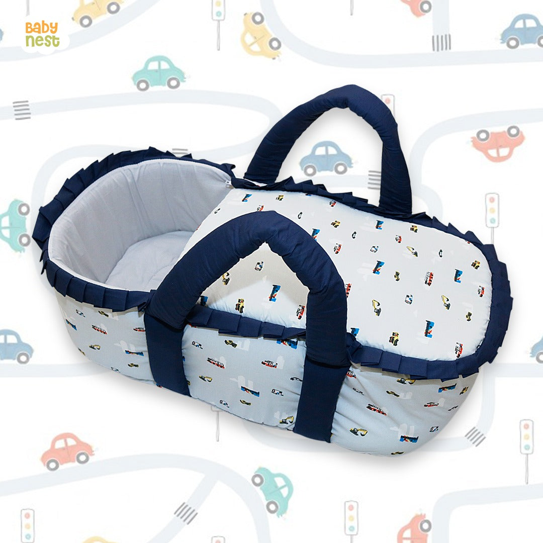 Babynest Boutique Cotton Carry Nest & Sleeping Bag Light & Dark Blue Truck Print