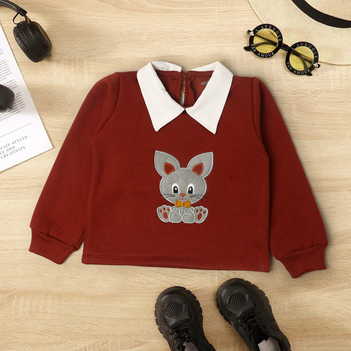 Cropped Sweatshirt with Collar for Kids - Maroon