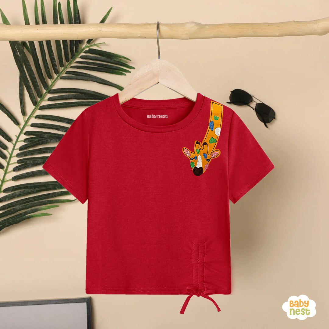 Giraffe with embroidery - Half sleeves T-shirts For Kids - Dark Pink - SBT-365