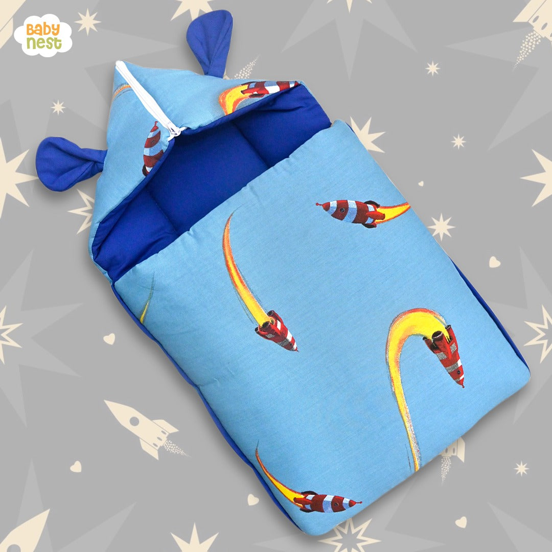 Babynest Boutique Hooded Cotton Carry Nest & Sleeping Bag Blue Rocket Print