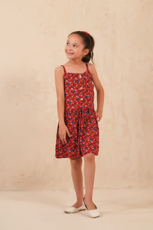 Allover Floral Print Frock - Red